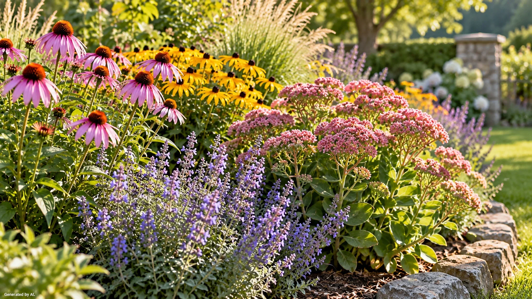 Partly shaded garden with green and cream variegated hostas beside red and copper-colored coral bells