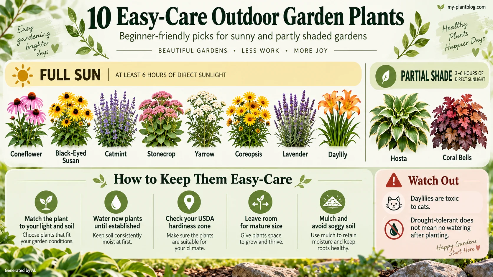 Infographic comparing ten easy-care outdoor garden plants for full sun and partial shade, with planting and watering tips