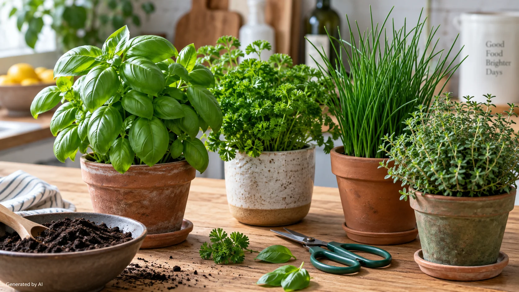 Six potted kitchen herbs including basil, parsley, chives, mint, thyme and oregano on a sunny windowsill