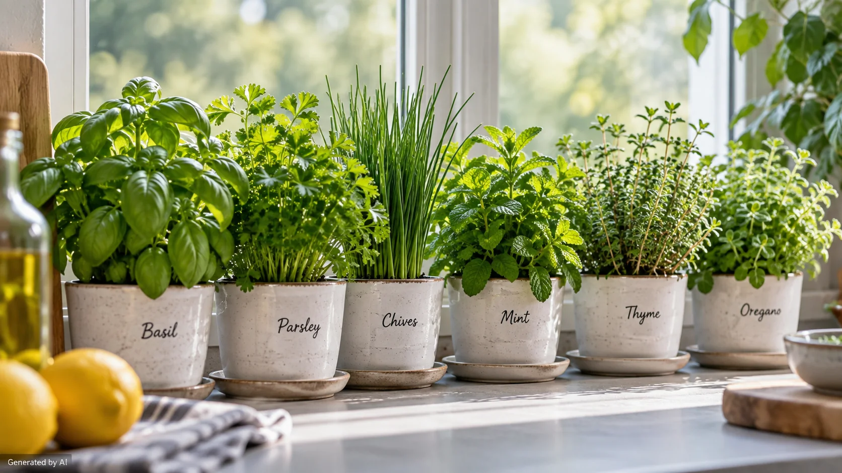 Potted basil, parsley, chives and thyme on a wooden table with potting mix and pruning scissors