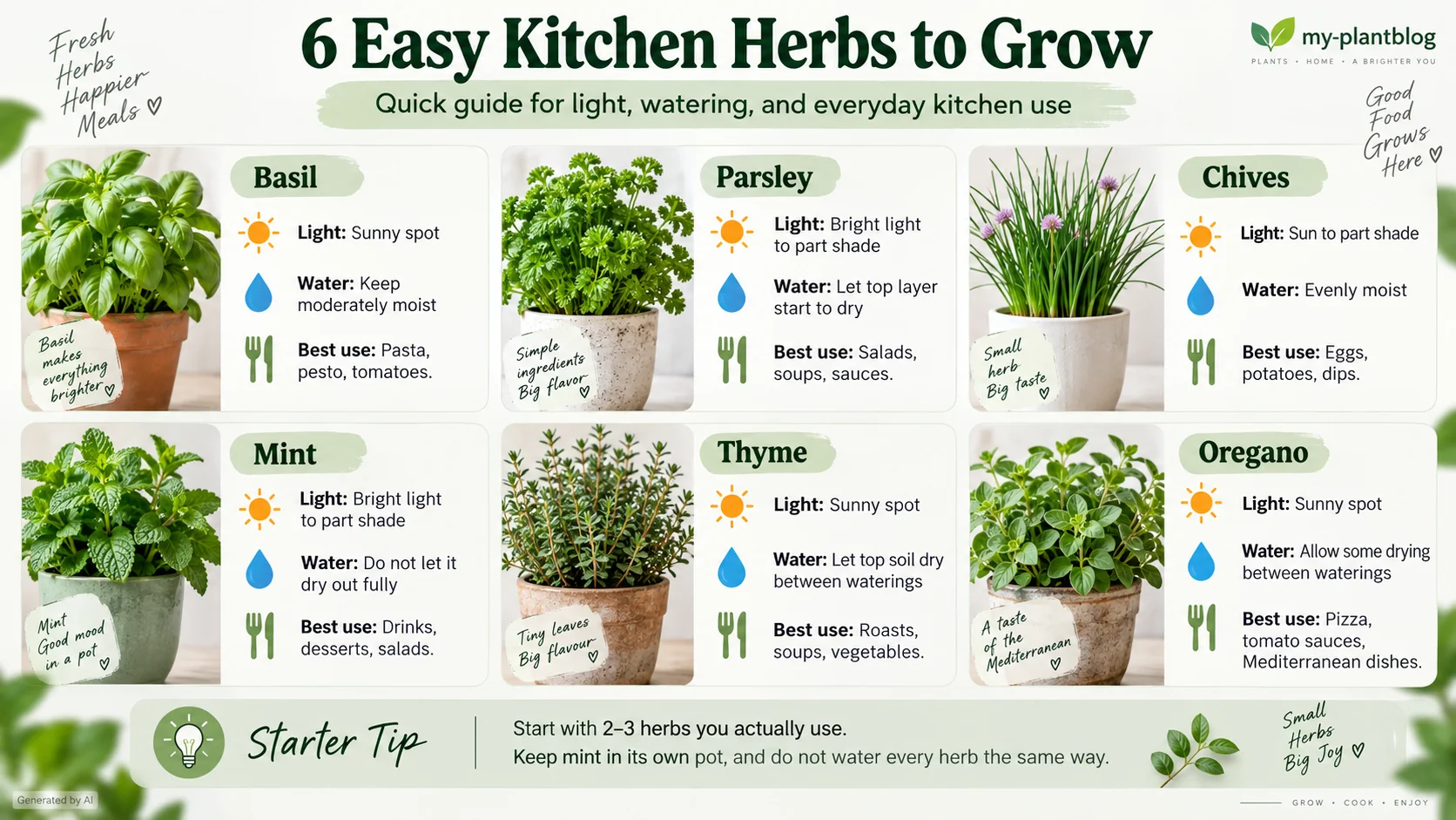 Infographic comparing sunlight, watering needs and kitchen uses of basil, parsley, chives, mint, thyme and oregano