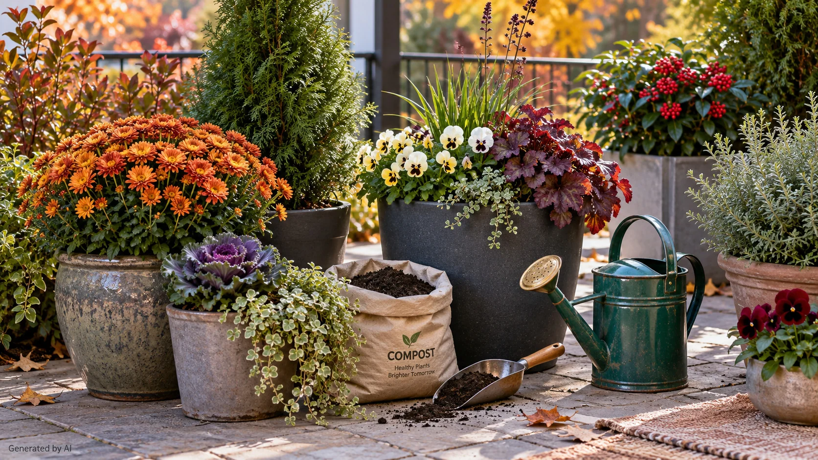 Autumn garden bed with flowering perennials, ornamental grasses, and mature compost
