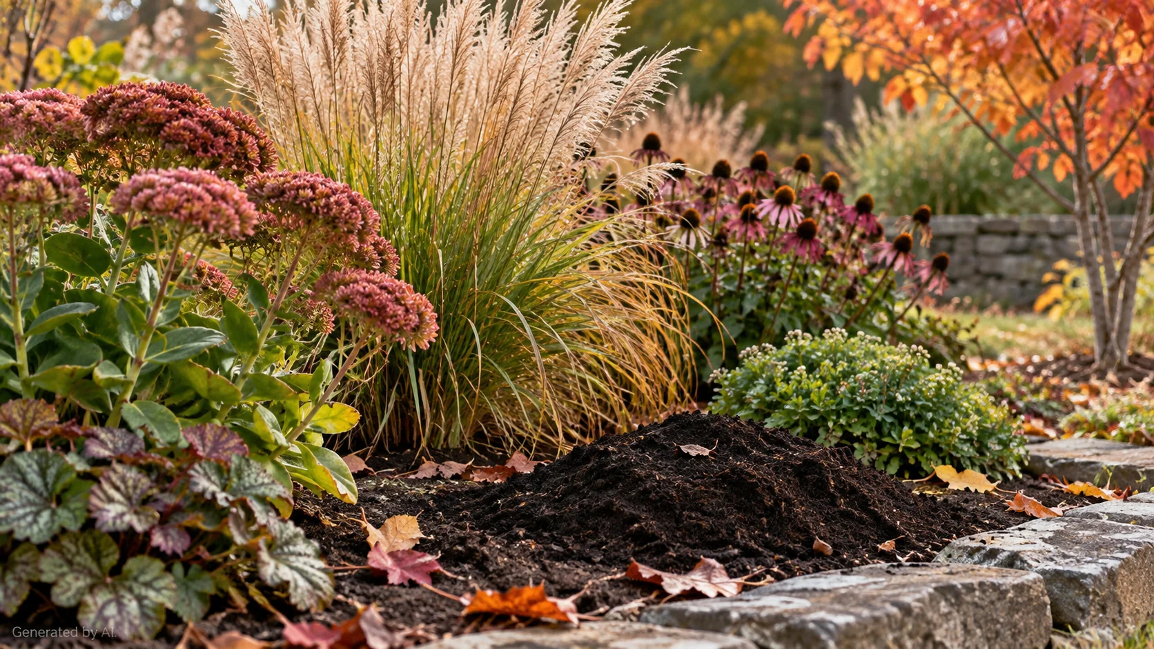 Autumn container plants on a patio with compost and a watering can