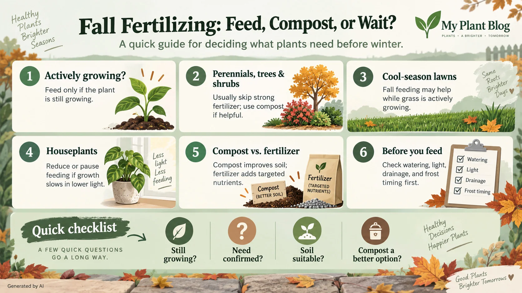 Fall fertilizing infographic explaining when to feed plants, use compost, or stop fertilizing before winter