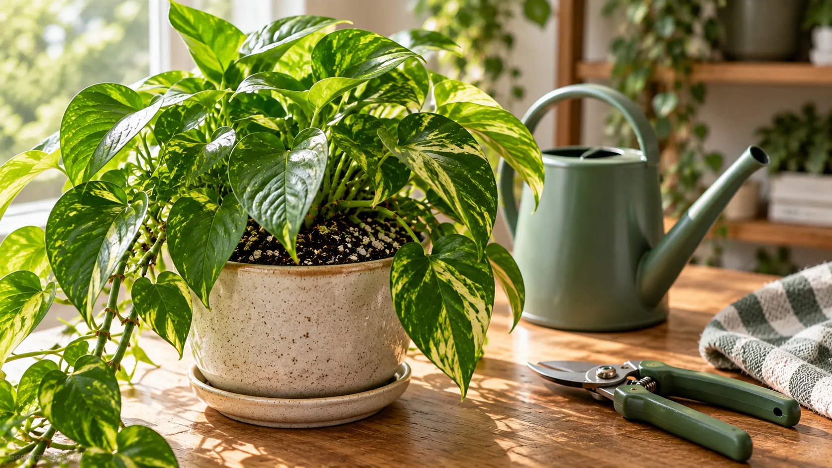 Beginner houseplants, watering can, and plant care notebook on a sunlit table