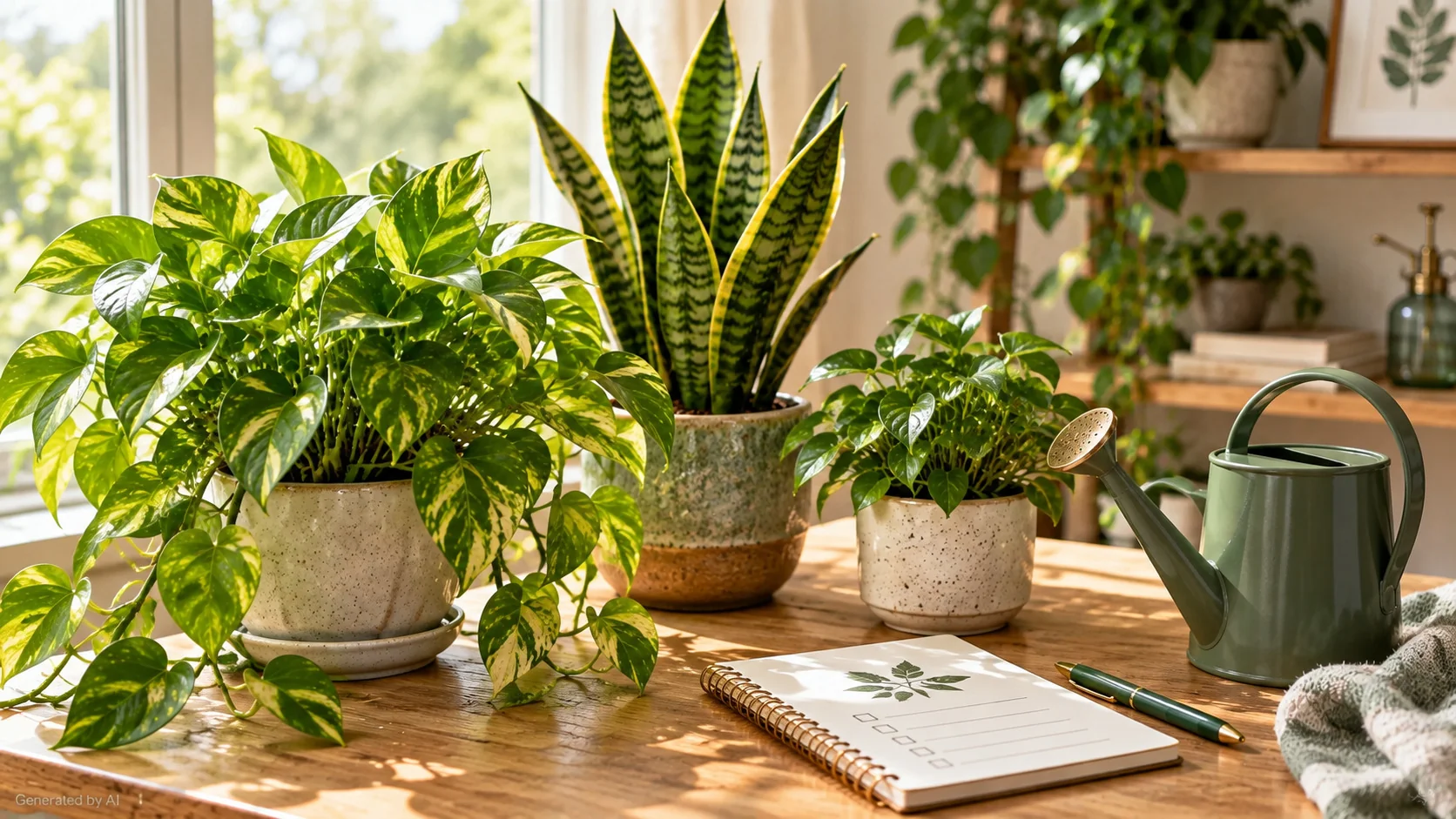 Close-up of a healthy potted pothos with a watering can and pruning shears