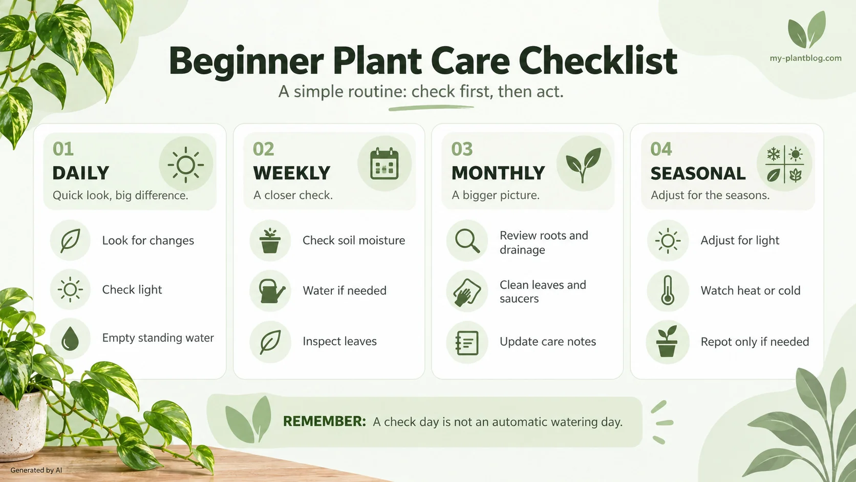Infographic with daily, weekly, monthly, and seasonal plant care tasks for beginners