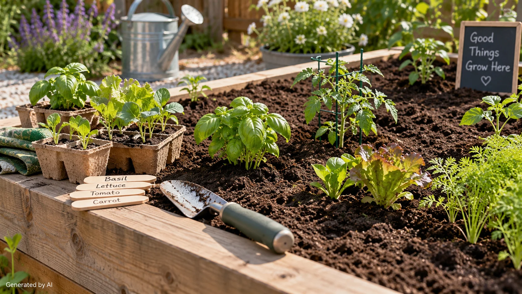 Raised garden bed with leafy greens, herbs, flowers, and a watering can