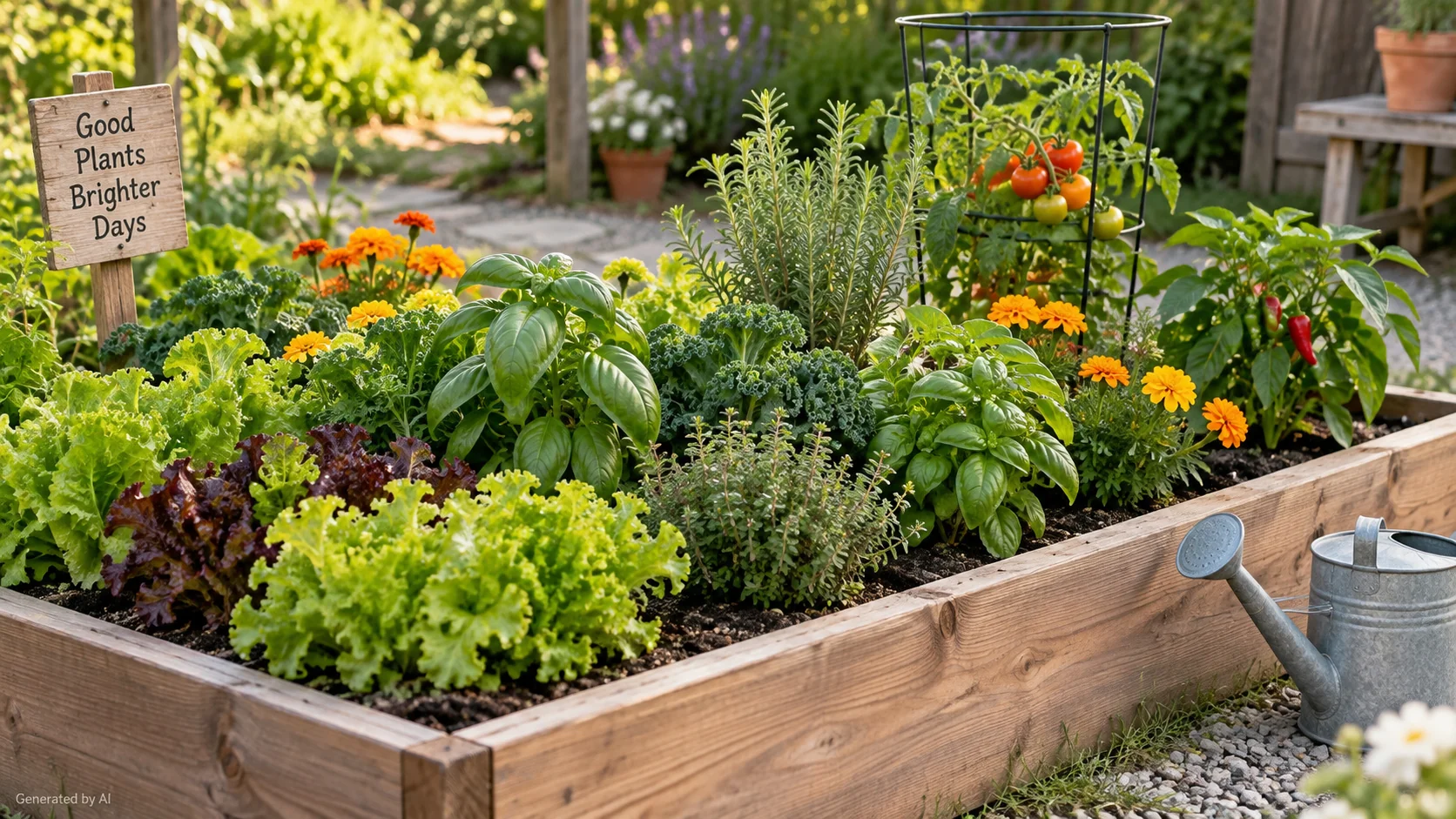 Young herbs and vegetables arranged in a raised bed with fresh soil and planting tools