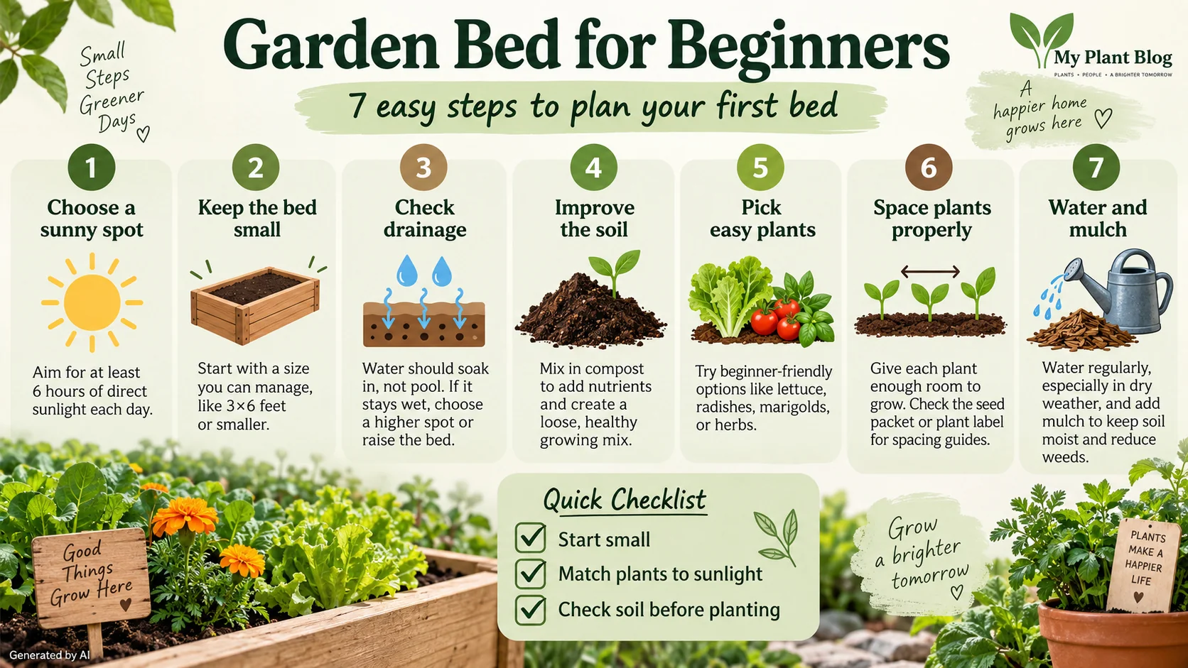 Infographic showing seven steps for planning a beginner garden bed, from sunlight and drainage to spacing, watering, and mulch