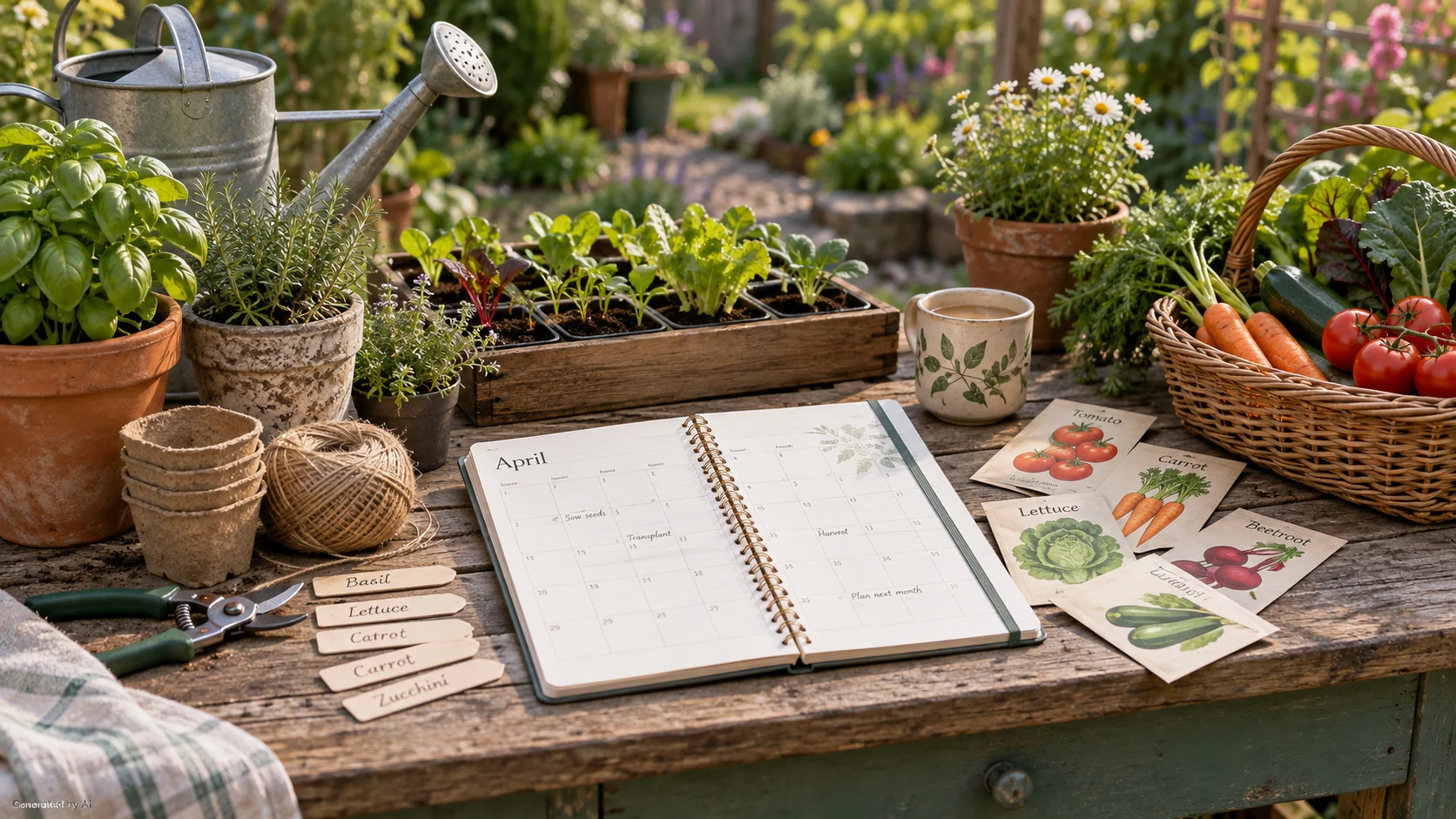 Seasonal garden planning setup with seedlings, vegetables, garden tools and an open monthly planner