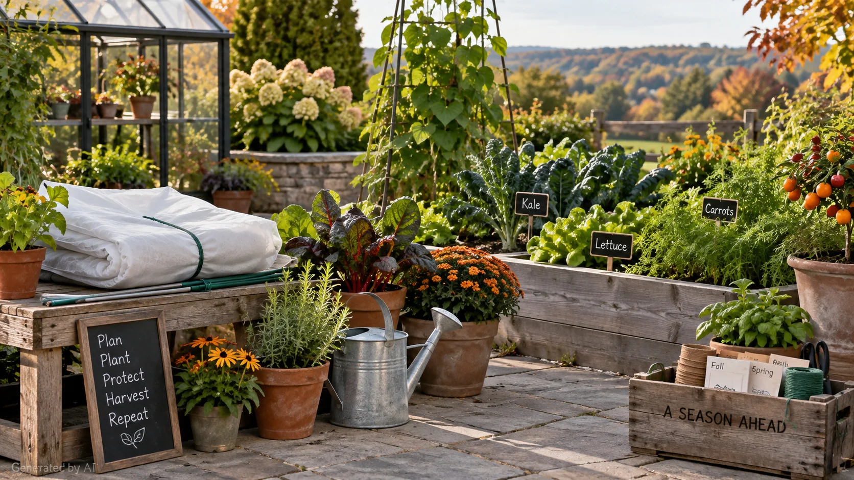 Late-season vegetable garden with containers, raised beds, frost protection fabric and gardening equipment