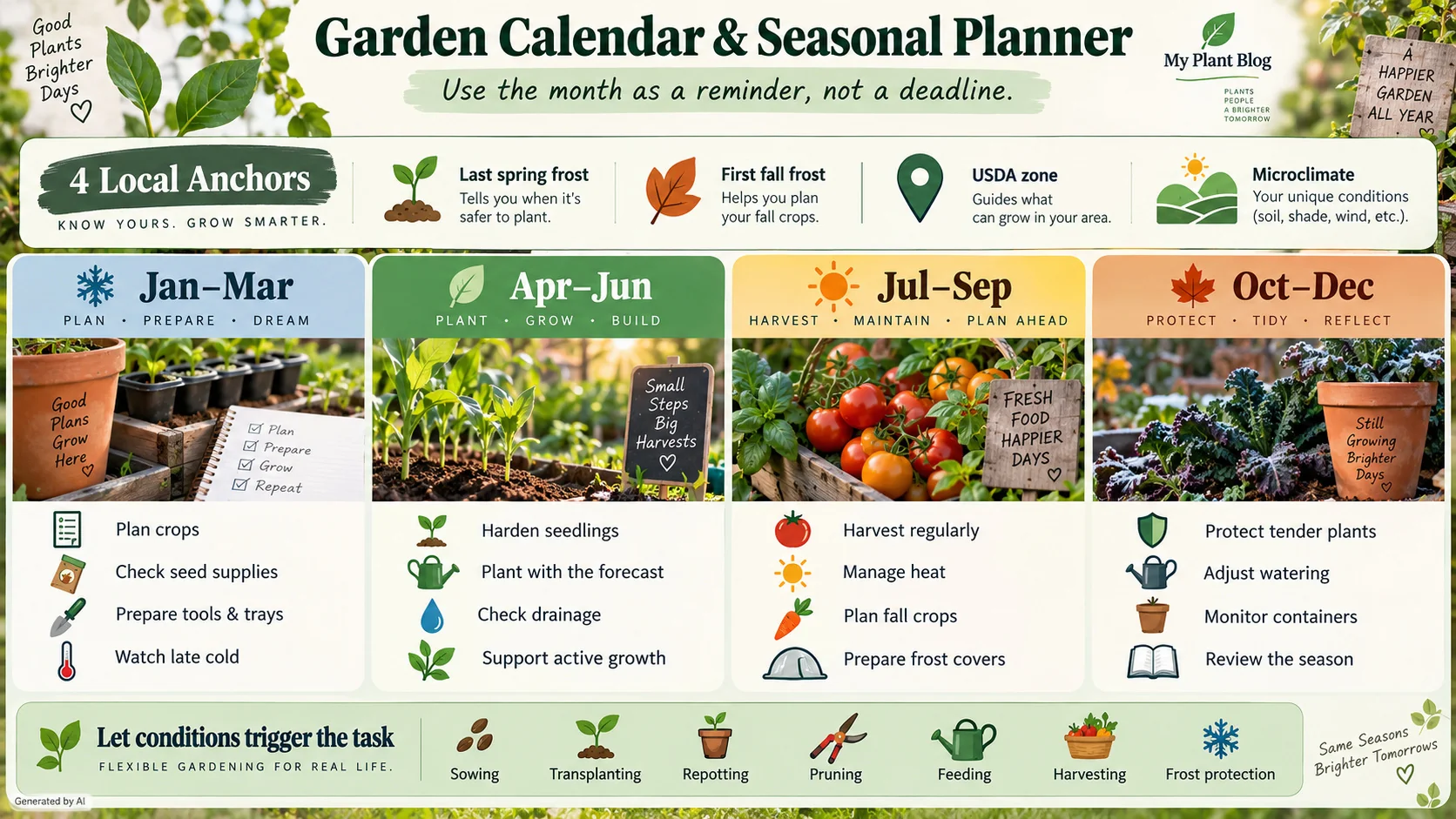 Garden Calendar and Seasonal Planner infographic showing seasonal priorities from winter through fall