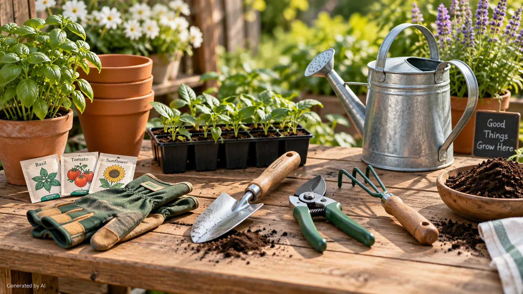 Beginner gardening tools including a hand trowel, pruning shears, gloves, hand cultivator and watering can