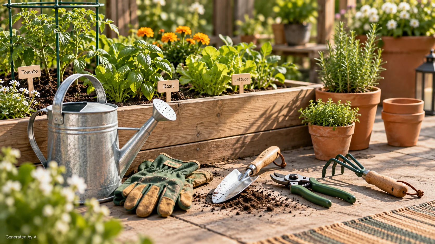Basic gardening tools beside a raised bed with herbs and vegetables
