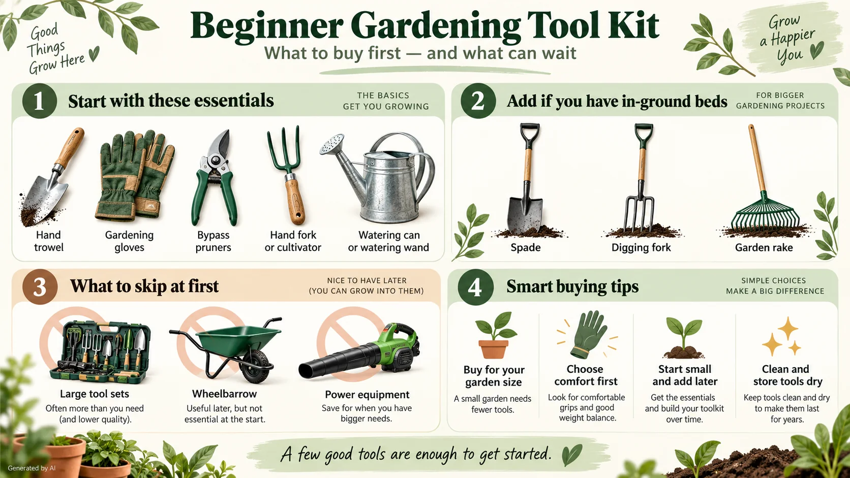 Infographic showing essential gardening tools for beginners, optional tools and buying tips
