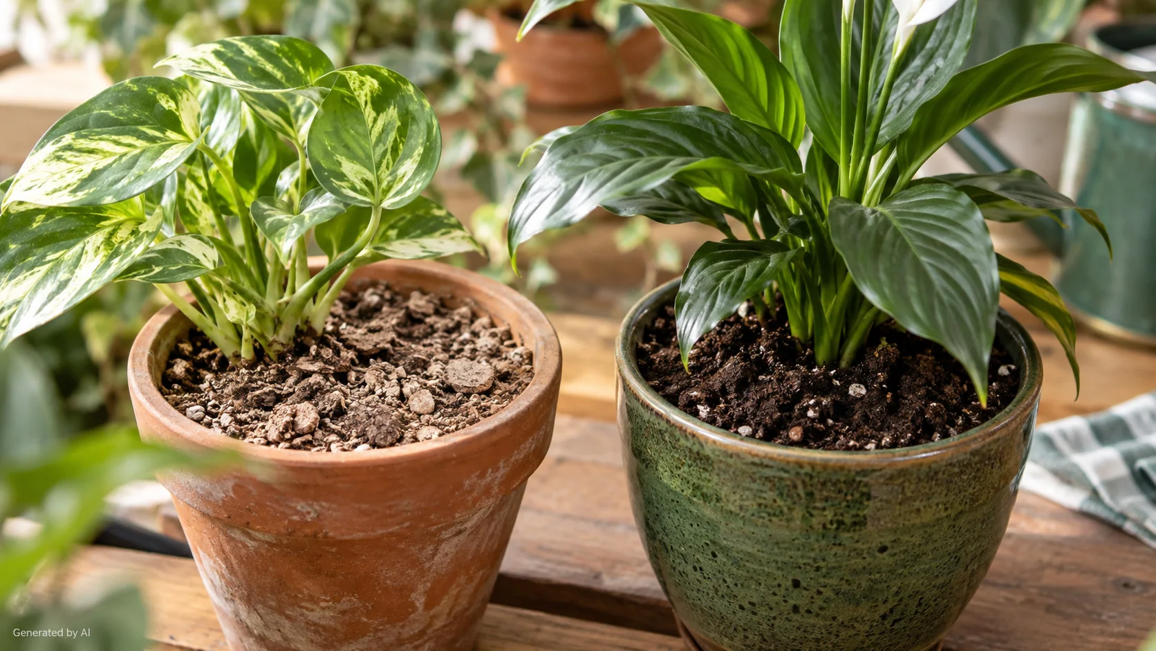 Healthy indoor plants in pots beside a metal watering can