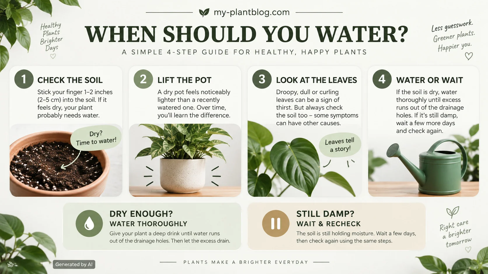Infographic showing four steps to decide when to water a plant: check the soil, lift the pot, look at the leaves, and water or wait