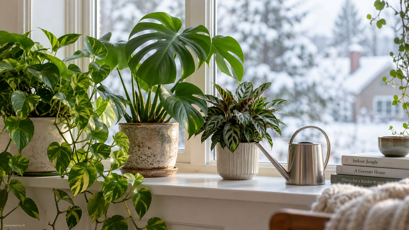 Potted houseplants and a watering can on a bright windowsill in winter