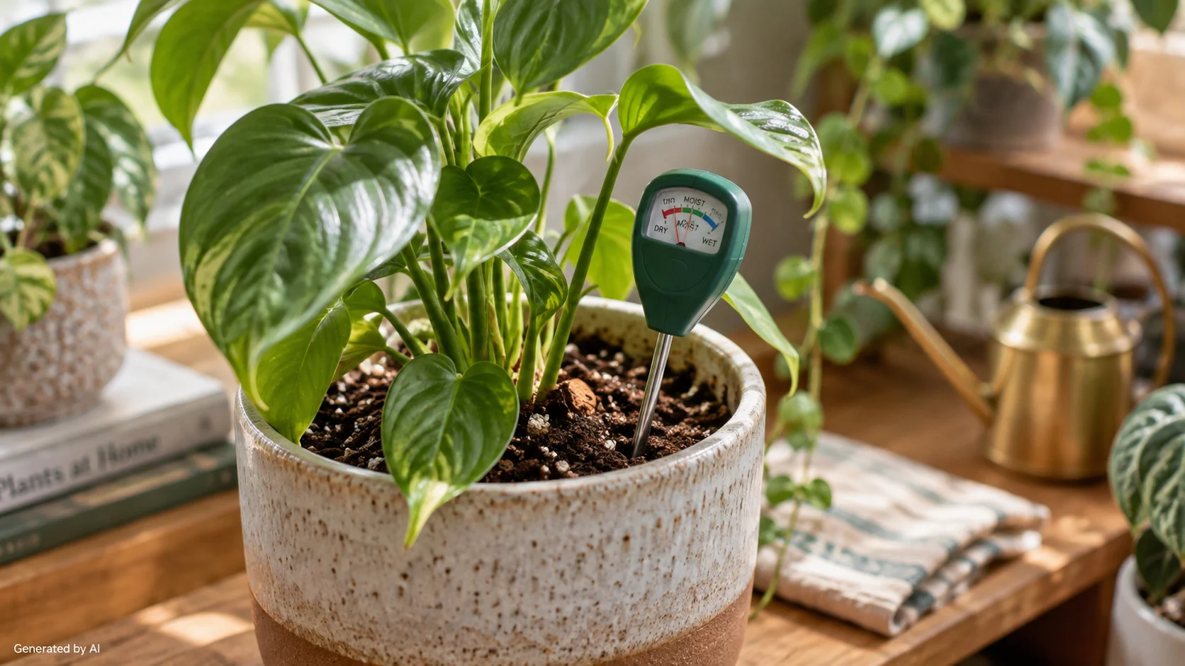 Moisture meter in the potting mix of a green houseplant beside a watering can