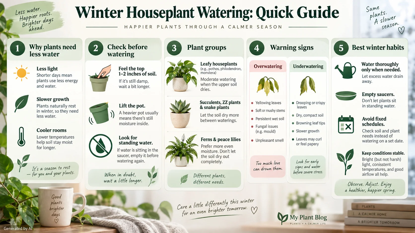 Infographic with winter houseplant watering tips on light, soil checks, plant groups, warning signs, and drainage