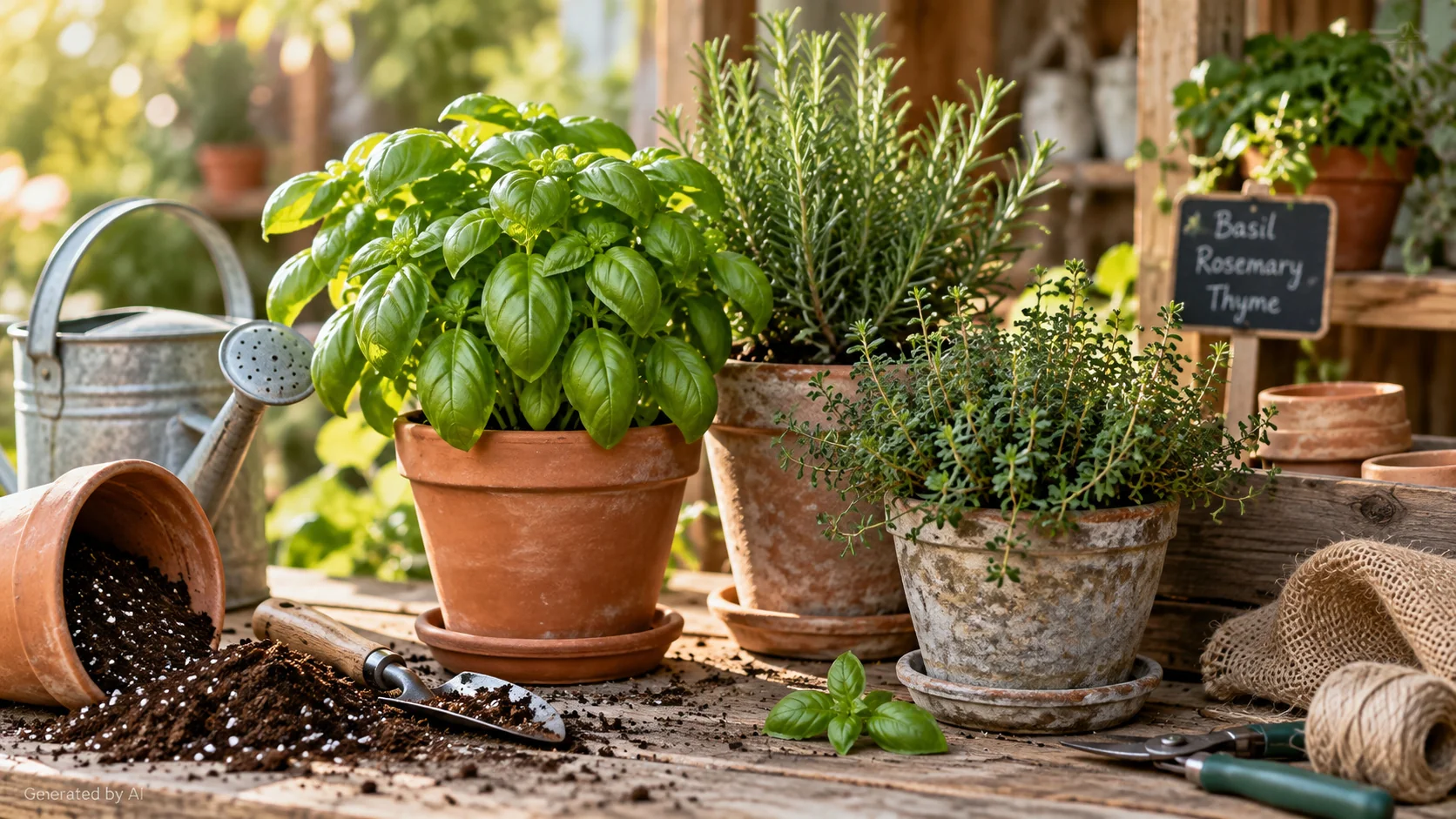 Healthy basil, rosemary, mint, and thyme growing in terracotta pots on a sunny balcony