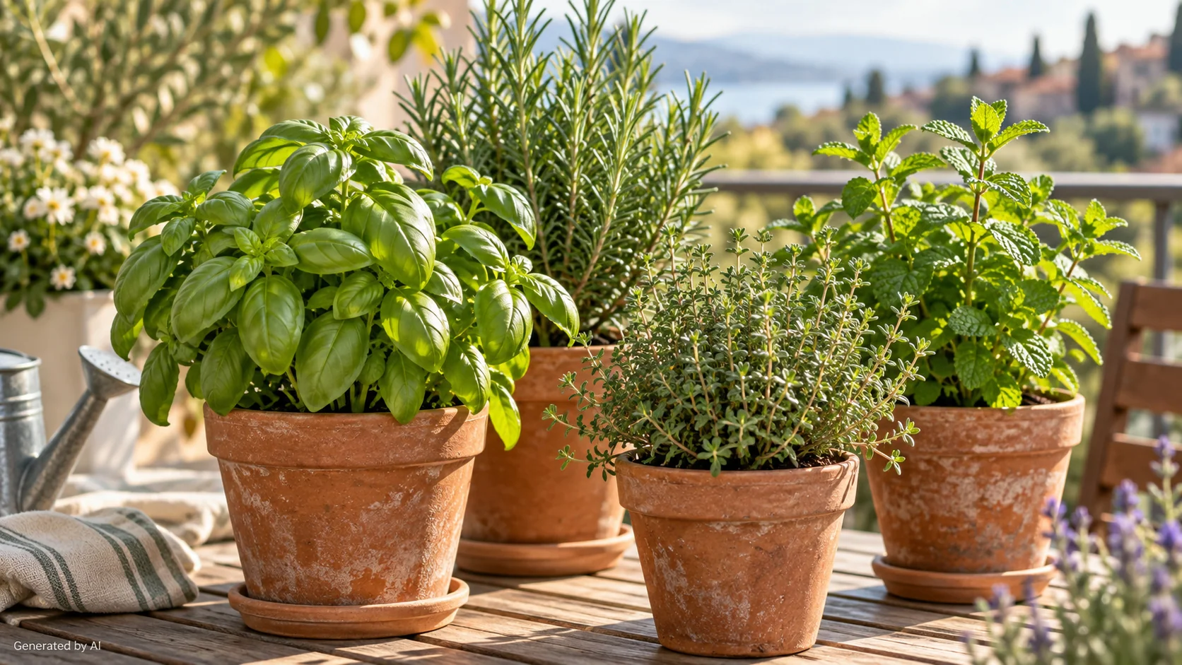 Potted basil, rosemary, and thyme beside a watering can and gardening tools