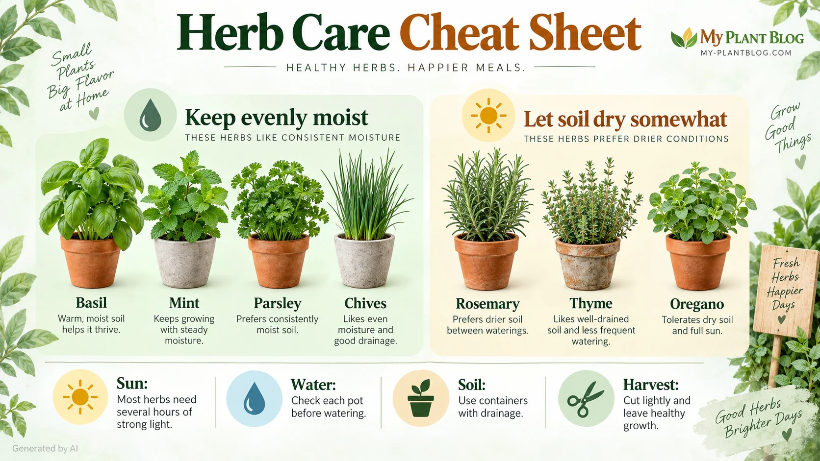 Herb care infographic comparing basil, mint, parsley, chives, rosemary, thyme, and oregano, with tips for sun, water, soil, and harvesting