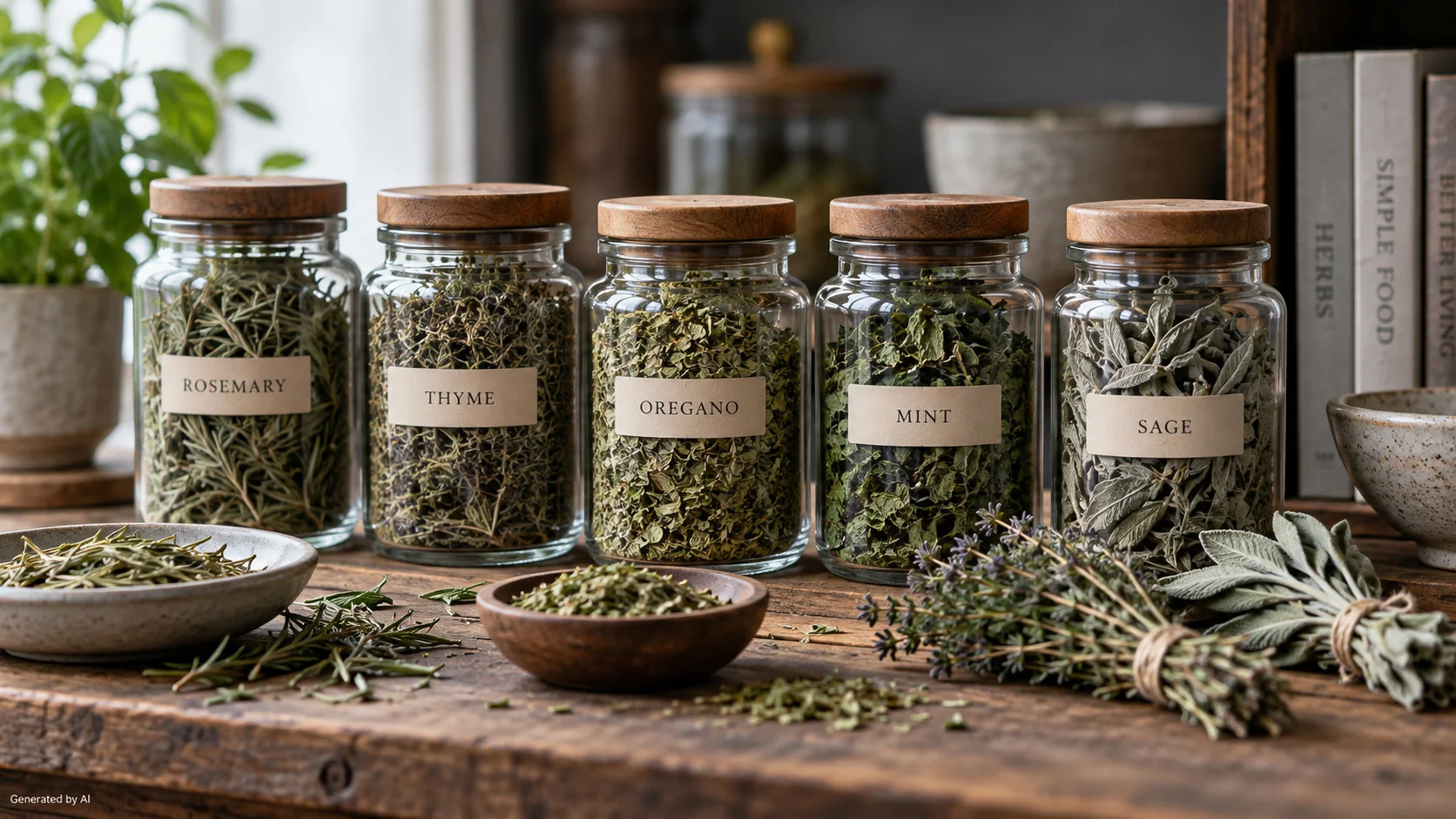 Small bundles of rosemary, thyme, oregano, and sage hanging to dry in a shaded, airy room
