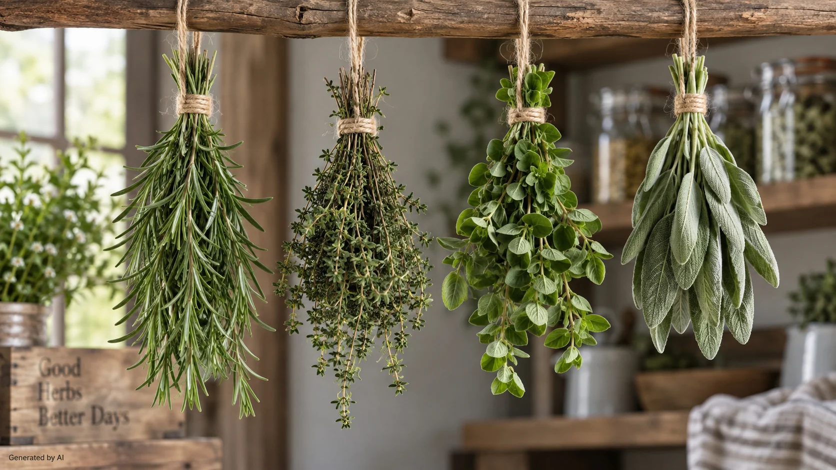 Dried rosemary, thyme, oregano, mint, and sage stored in labeled glass jars