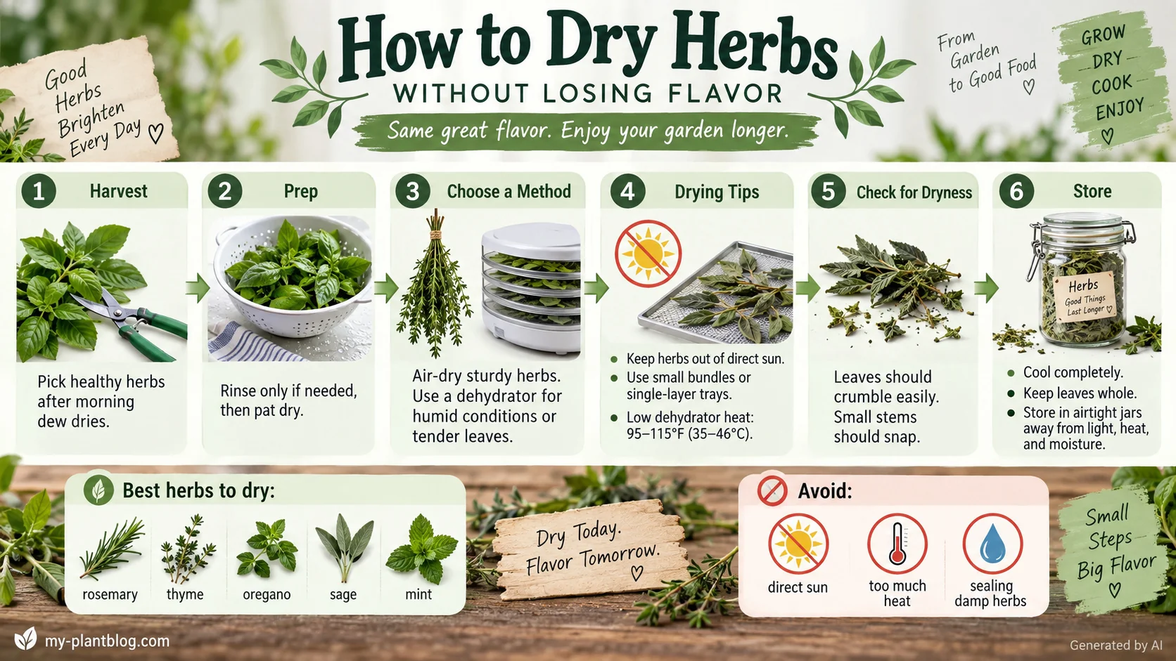 Infographic with six steps for harvesting, preparing, gently drying, checking, and storing herbs