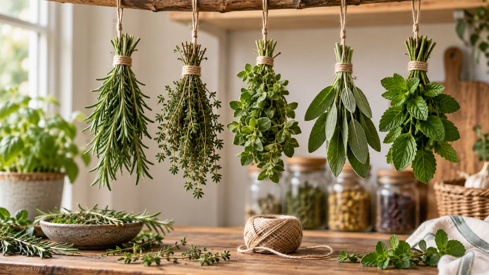 Bundles of rosemary, thyme, oregano, sage and mint hanging to dry in a kitchen