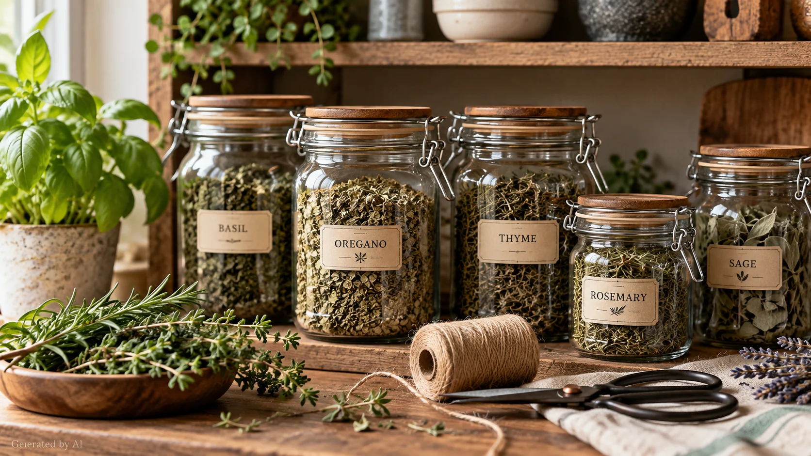 Dried culinary herbs stored in labeled airtight glass jars