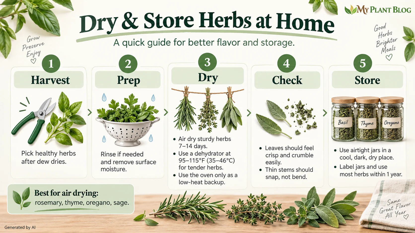 Infographic showing five steps to dry and store herbs at home