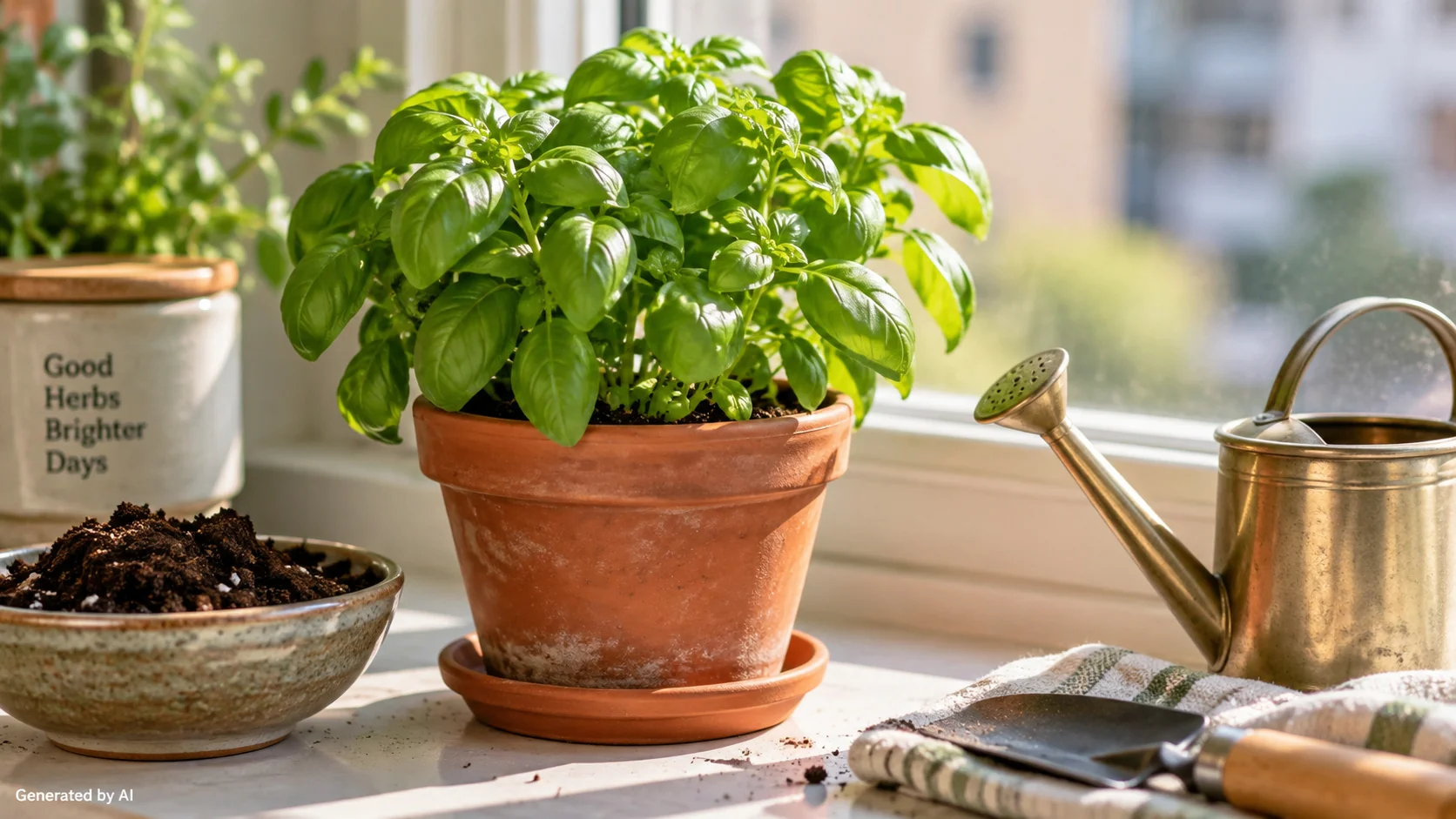 Healthy basil in a terracotta pot beside potting mix, a drainage saucer, and a watering can