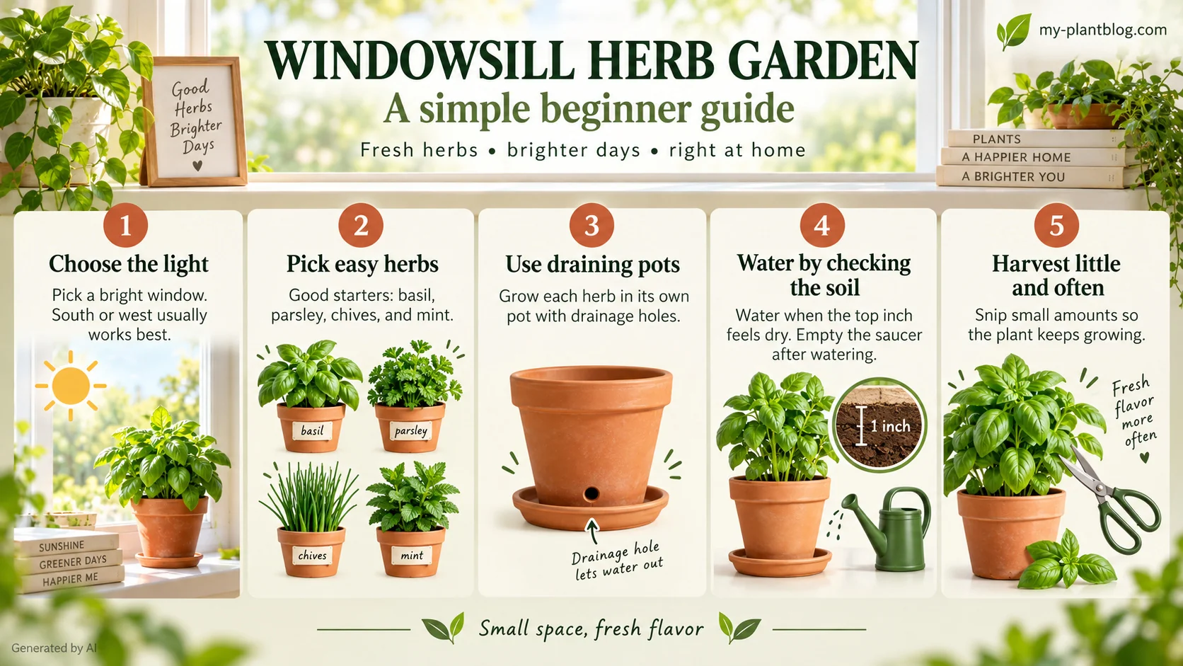 Infographic with five steps for a windowsill herb garden: light, herb selection, drainage, watering, and harvesting