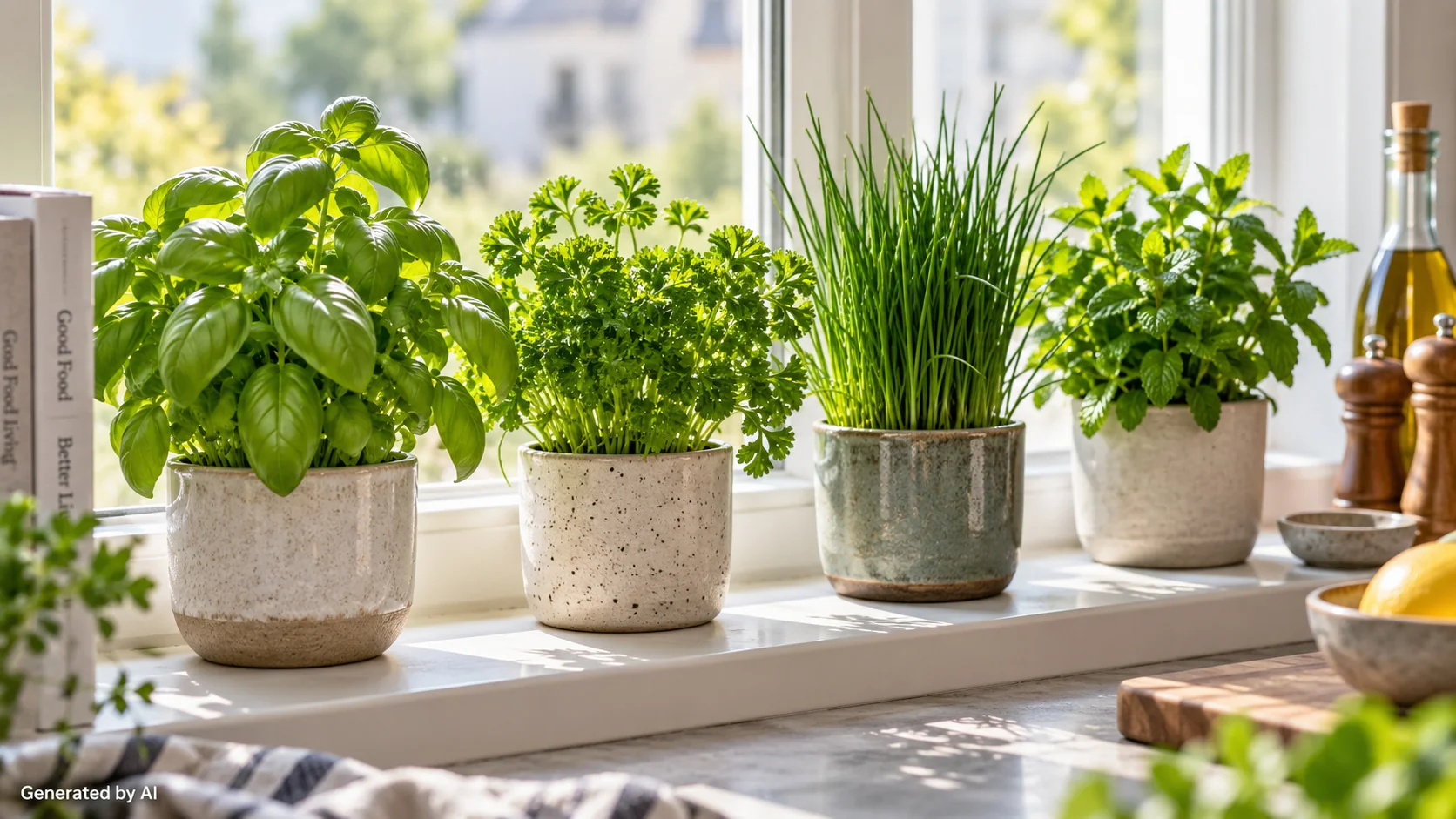 Potted basil, parsley, chives, and mint growing on a bright kitchen windowsill