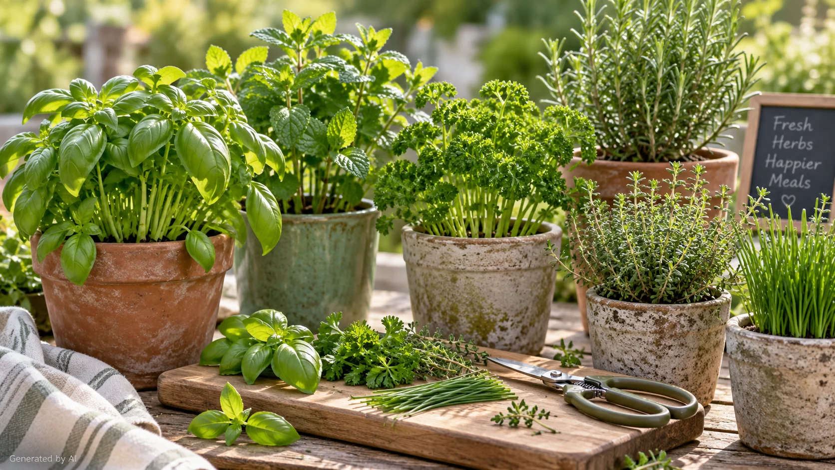Potted basil, mint, parsley, rosemary, thyme and chives with freshly harvested herb sprigs