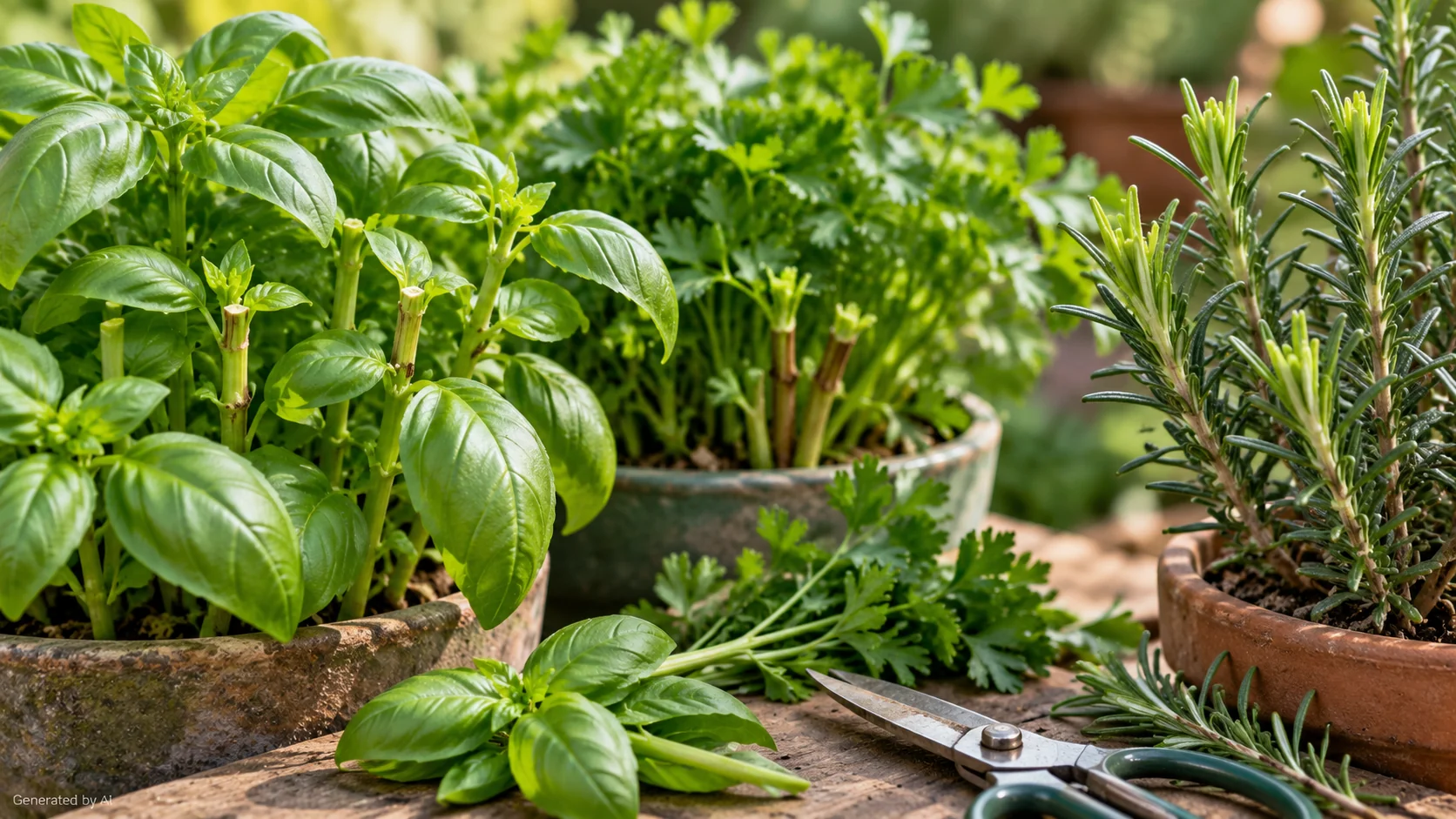 Basil, parsley and rosemary after clean harvesting cuts with pruning snips nearby
