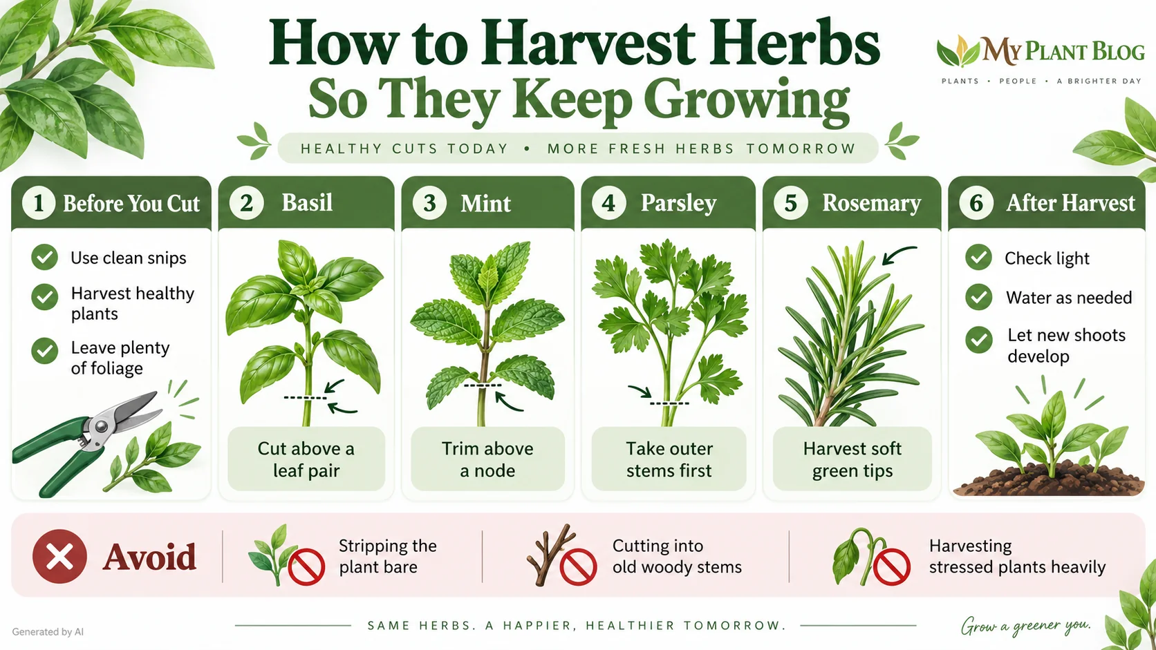 Infographic showing where to cut basil, mint, parsley and rosemary and what to avoid when harvesting herbs