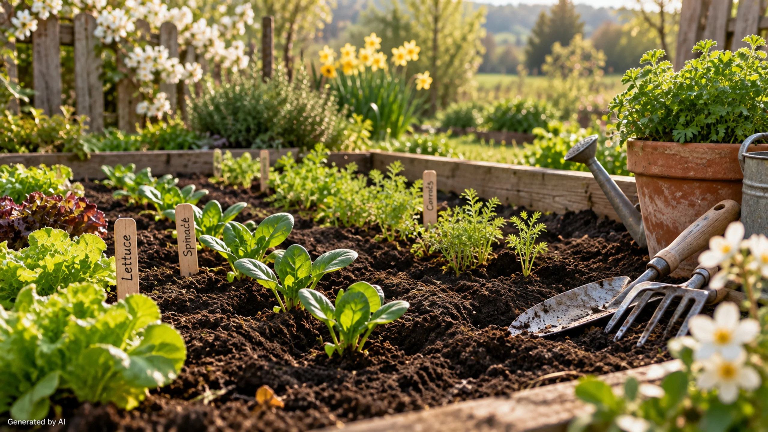 Spring garden with raised vegetable beds, herbs, flowering trees, and a watering can.
