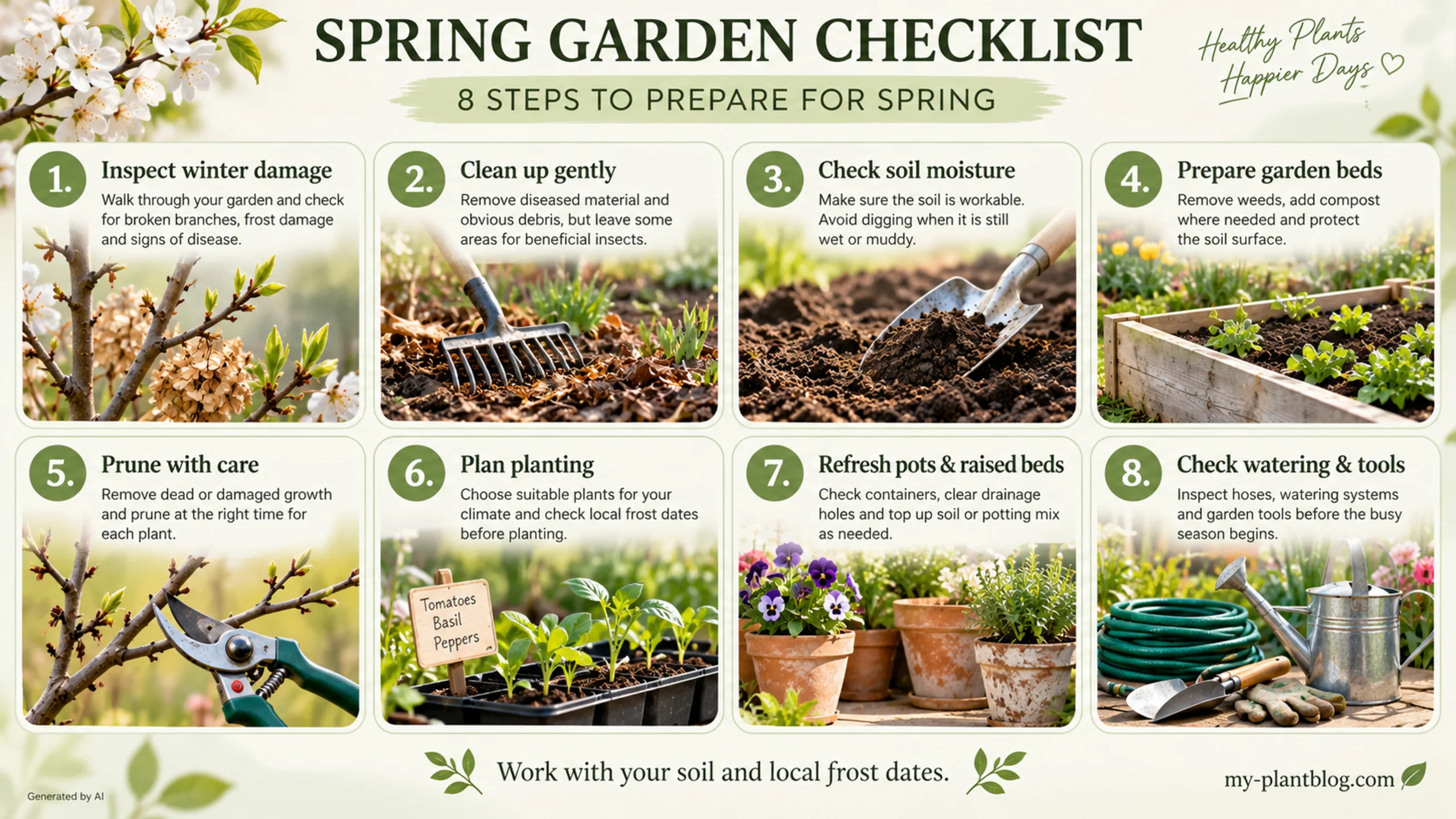 Spring garden checklist infographic showing eight steps for winter damage checks, cleanup, soil care, planting, and watering.