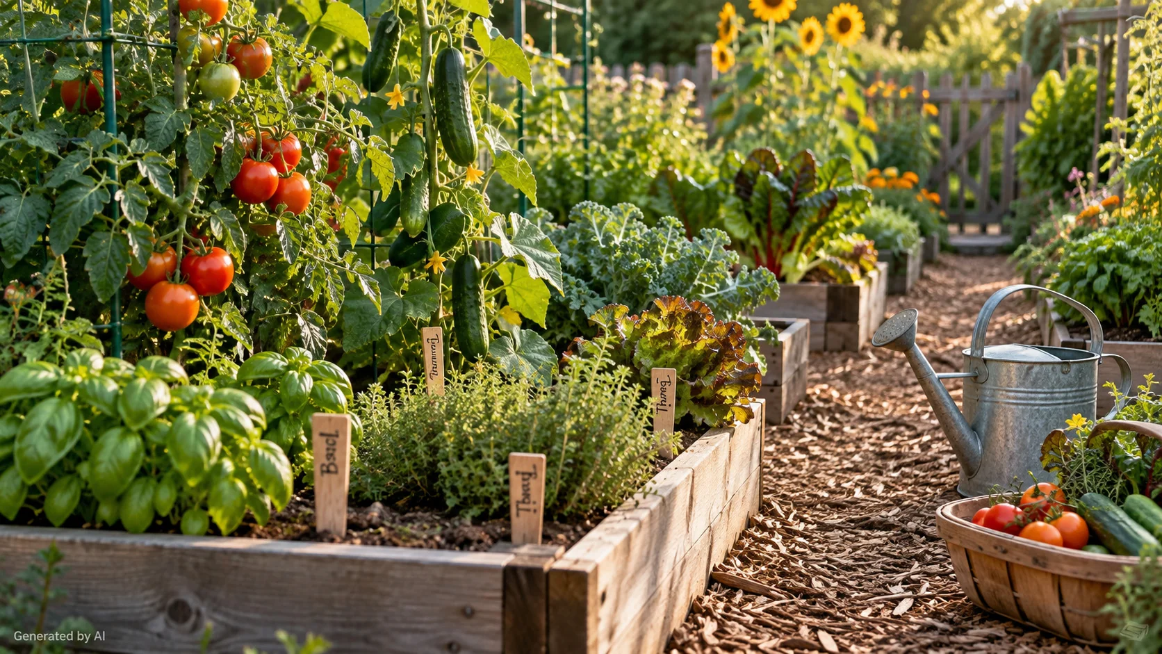 Open garden planner beside seed packets, herbs, and a raised garden bed