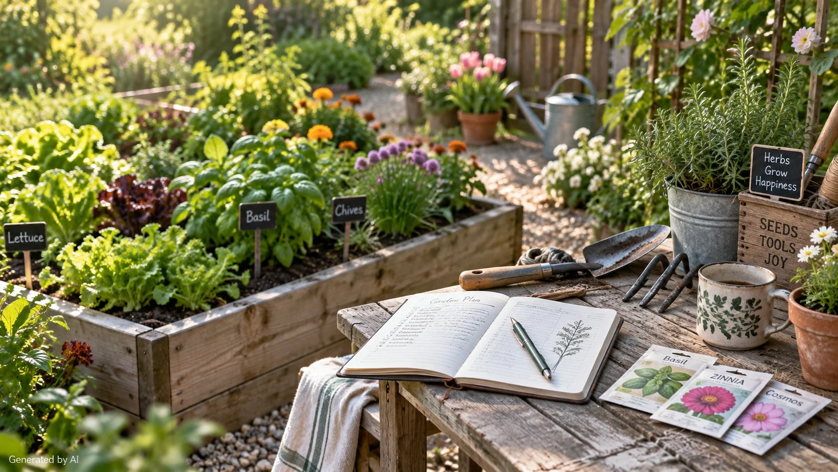 Summer vegetable garden with tomatoes, cucumbers, raised beds, mulch, and a watering can