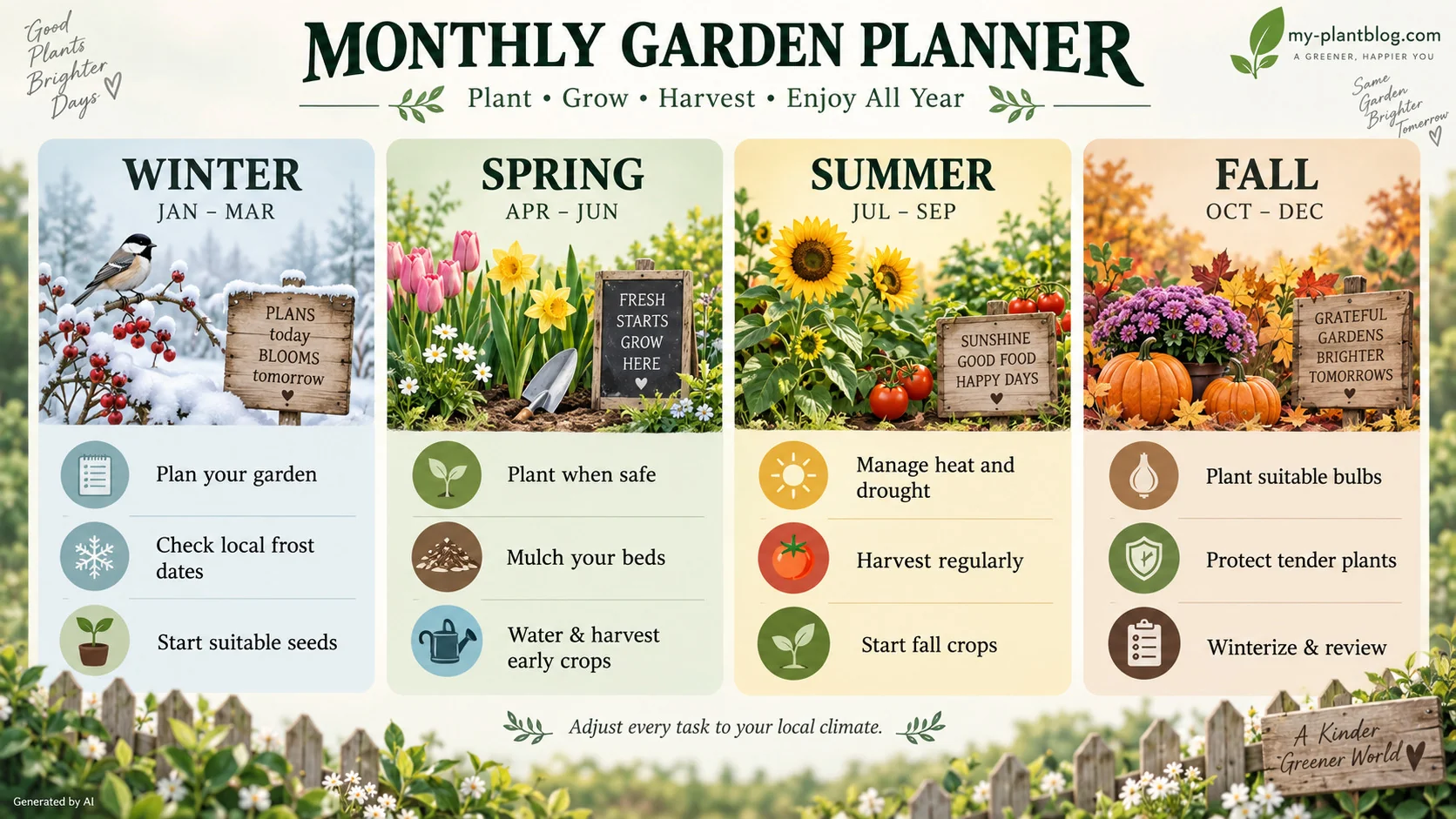 Monthly garden planner infographic showing winter planning, spring planting, summer harvesting, and fall garden preparation
