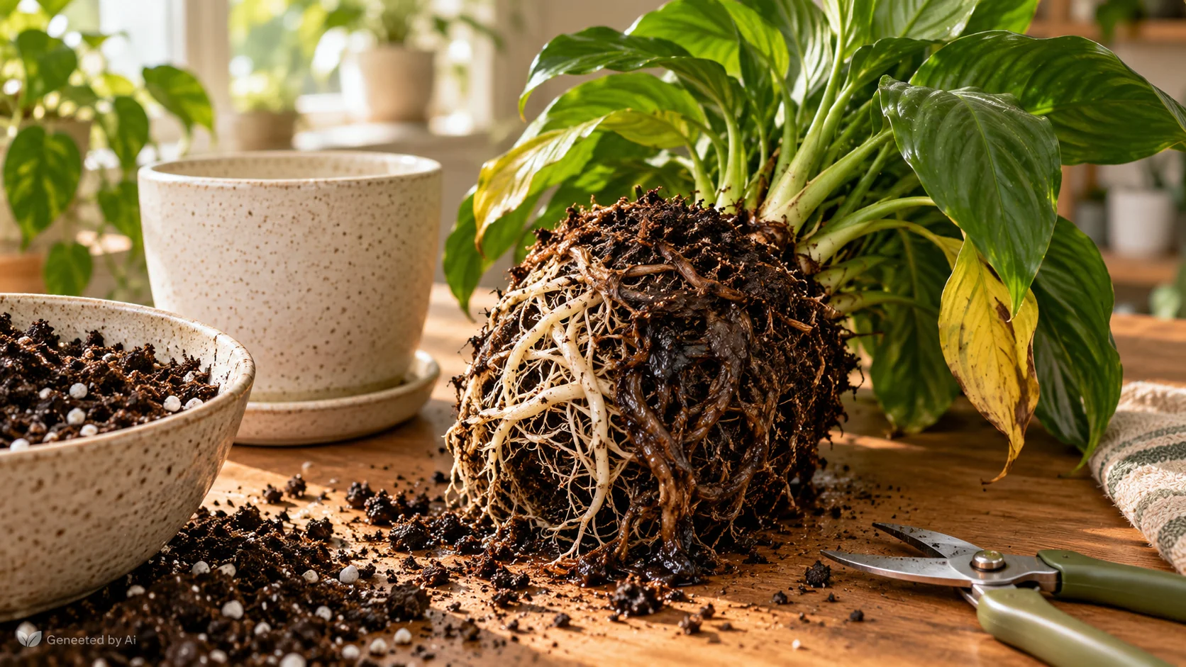 Exposed houseplant root ball with pale healthy roots and dark decaying roots