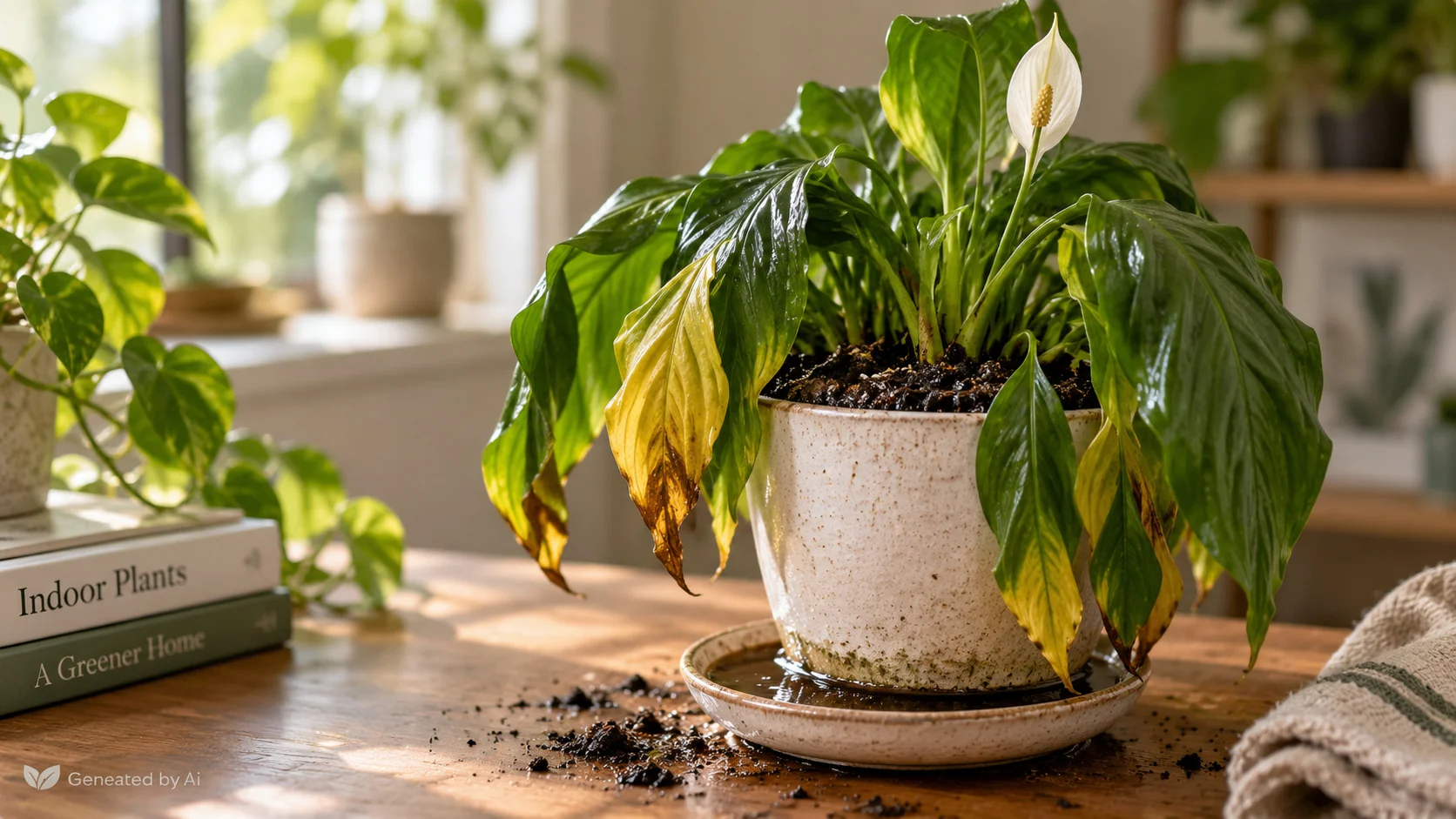 Overwatered peace lily with yellow, drooping leaves and wet soil in a ceramic pot