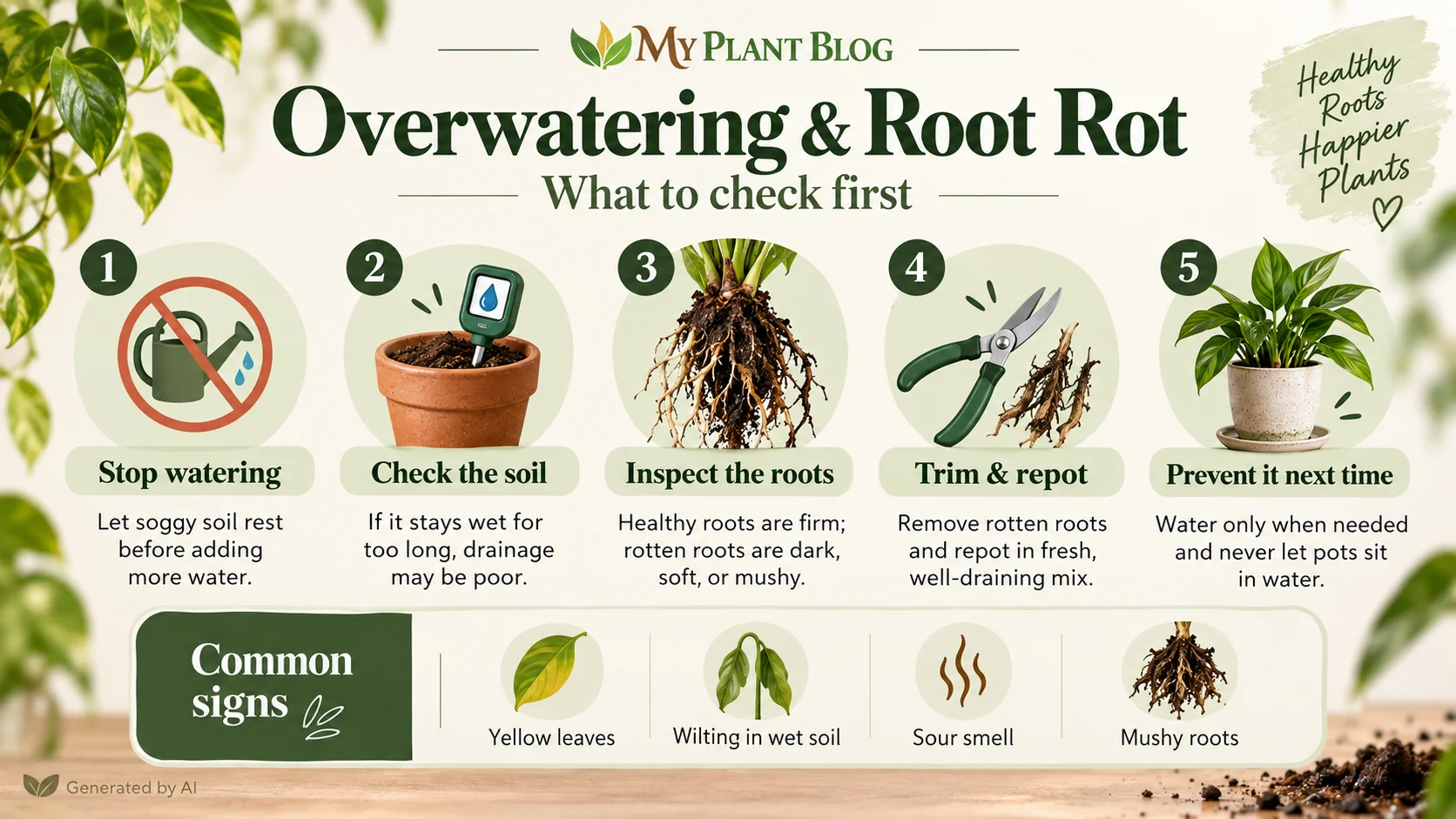 Infographic showing five root rot rescue steps: stop watering, check the soil, inspect roots, trim and repot if needed, and prevent future overwatering