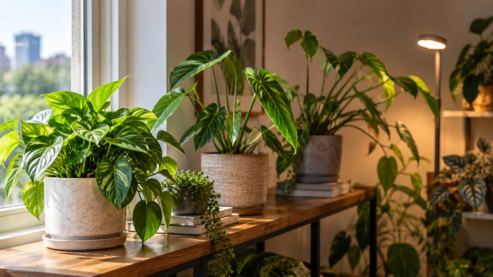 Houseplants arranged near a window with natural and supplemental light