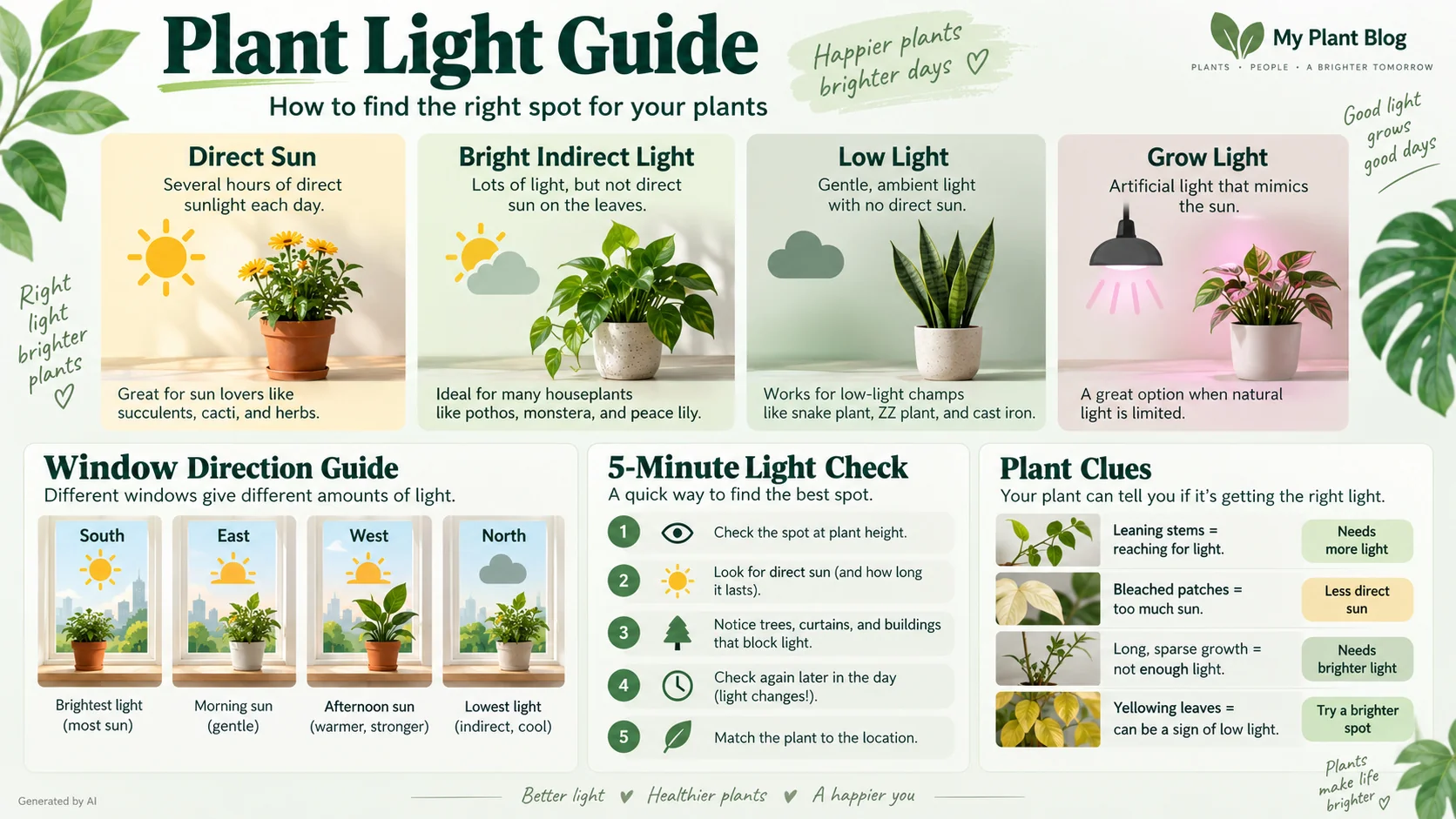 Plant light guide infographic comparing direct sun, bright indirect light, low light and grow lights